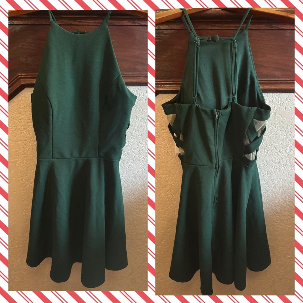 Camille La Vie Womens Size 3/4 Forest Green Strappy Mesh Semi-Formal Mini Dress